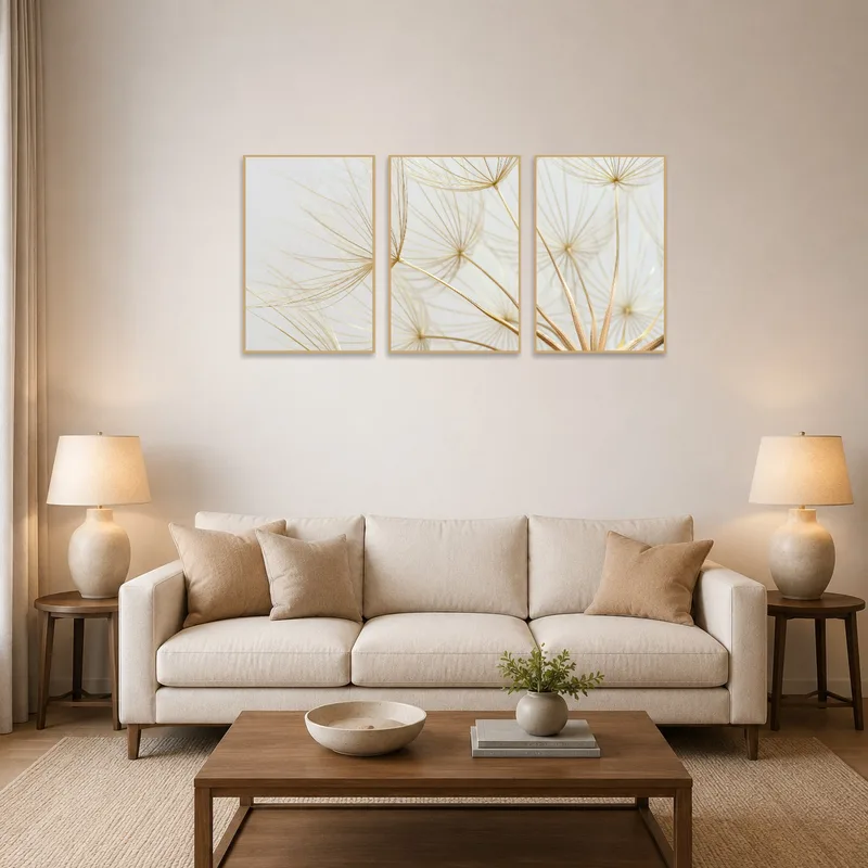 Ethereal dandelion art set above a cozy sofa in the living room.