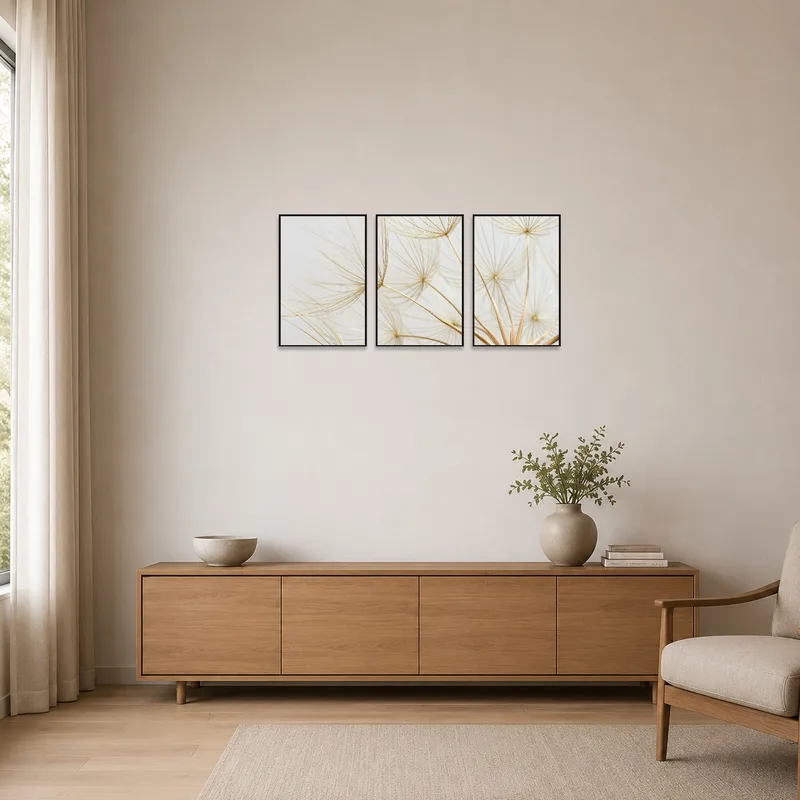 Dandelion art set hanging in a minimalist white-walled space.