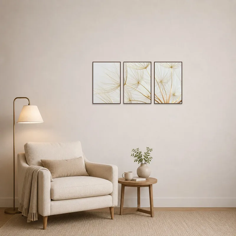 Reading corner with ethereal dandelion art set on the wall.