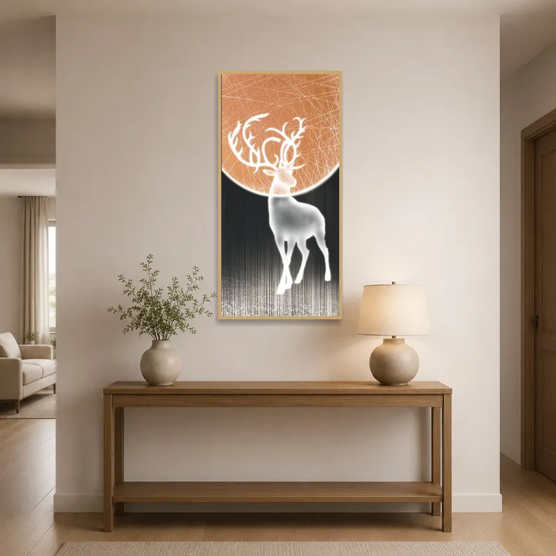 Ethereal deer and moon art welcomes guests in a bright entrance hall.