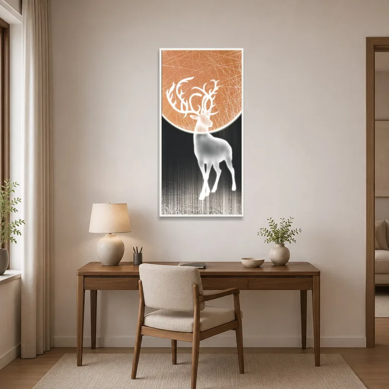 Deer and moon art, providing inspiration in a chic home office.