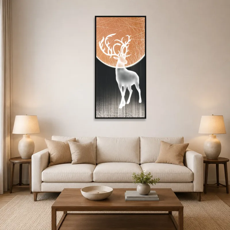 A serene deer and geometric moon art piece above a sofa in the living room.