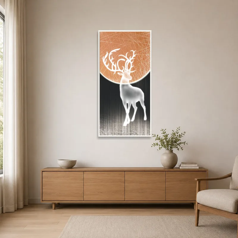 Deer and moon complement a tidy minimalist space with white walls.