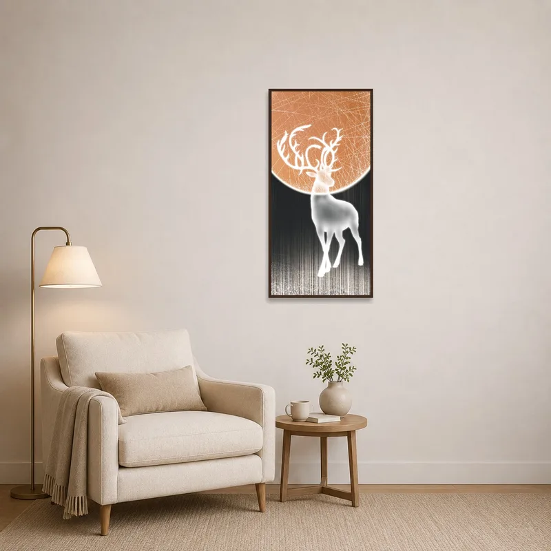 A deer and moon artwork adds tranquility to a cozy reading corner.