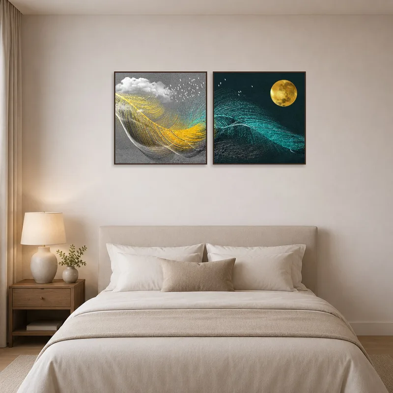 Peaceful bedroom featuring ethereal sun and moon art set.