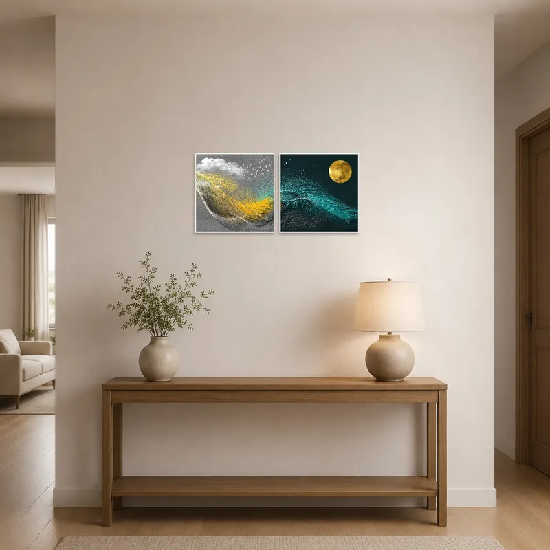 Sun and moon art set enhances the entrance hall's welcoming aura.