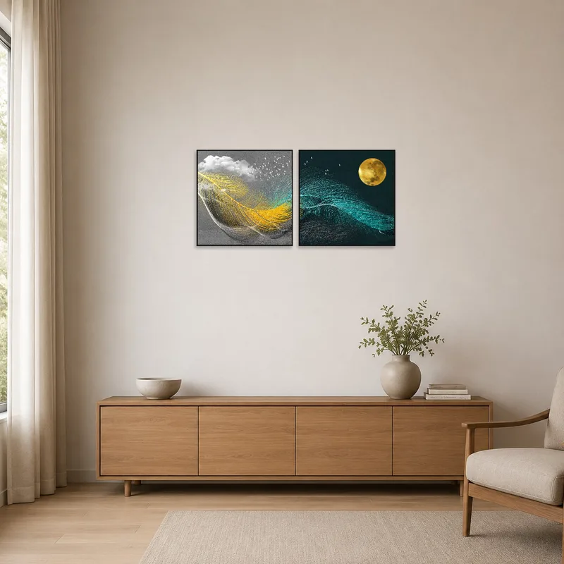 Minimalist room with sun and moon art adding elegant simplicity.