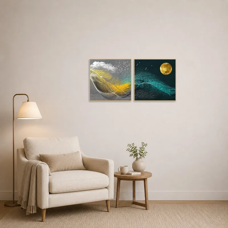 Abstract art set of sun and moon enlivens a cozy reading corner.