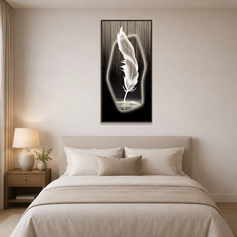 Above the bed, Ethereal Feather art infuses the bedroom with a calming cosmic glow.
