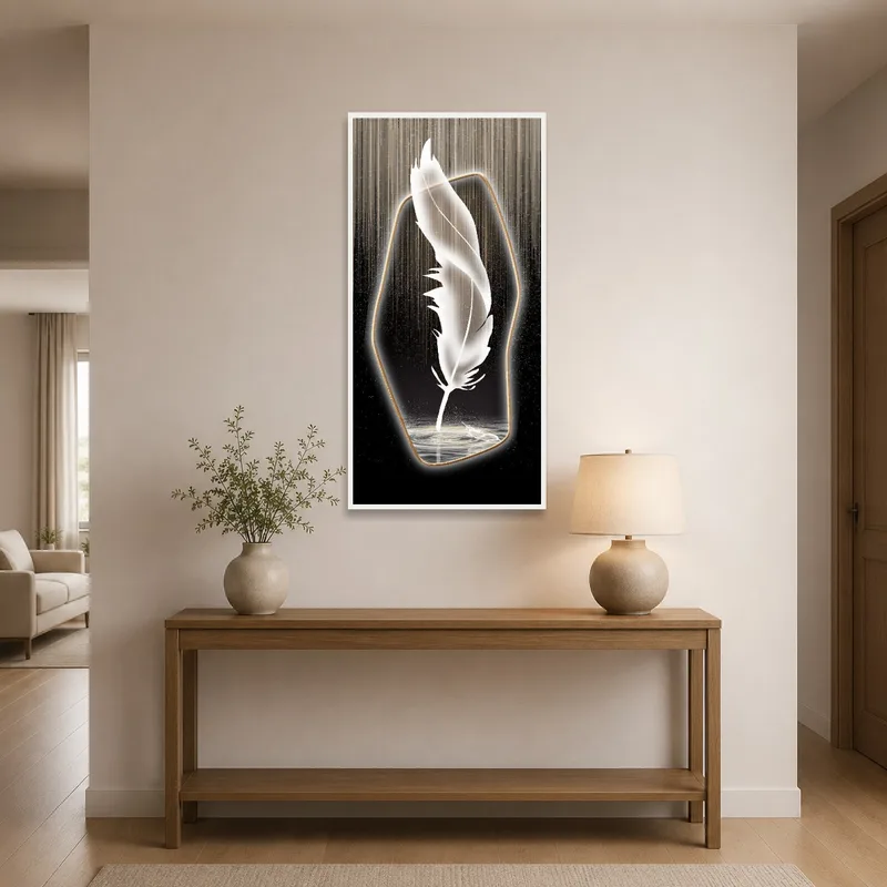 The entrance hall is uplifted by Ethereal Feather art exuding a cosmic glow.