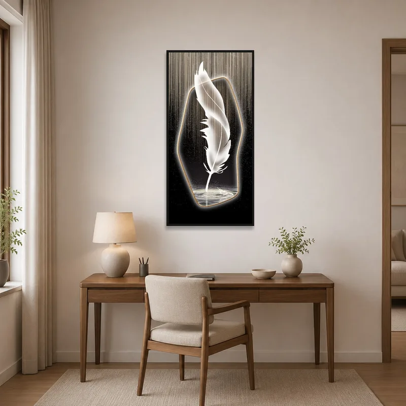 In a home office, Ethereal Feather art inspires creativity with its cosmic illumination.