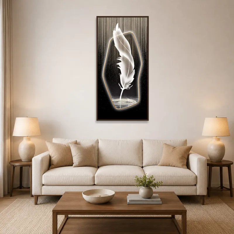A living room featuring Ethereal Feather artwork glowing vibrantly against a cosmic backdrop.