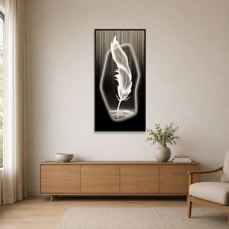 Ethereal Feather art adds a touch of cosmic elegance to a minimalist room setup.
