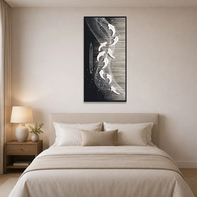 Abstract black and white art enhancing the serene ambiance of a tranquil bedroom.