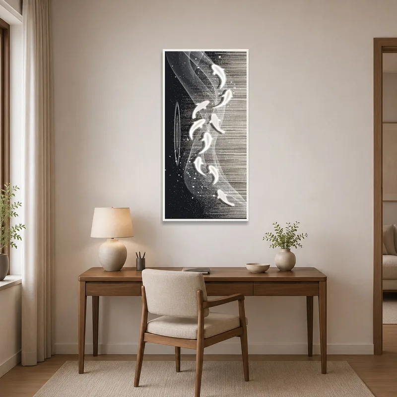 Inspiring abstract piece hanging above a sleek desk in a contemporary home office.