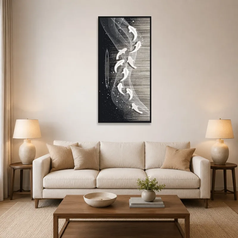 Abstract black and white art piece displayed above a modern sofa in a stylish living room.