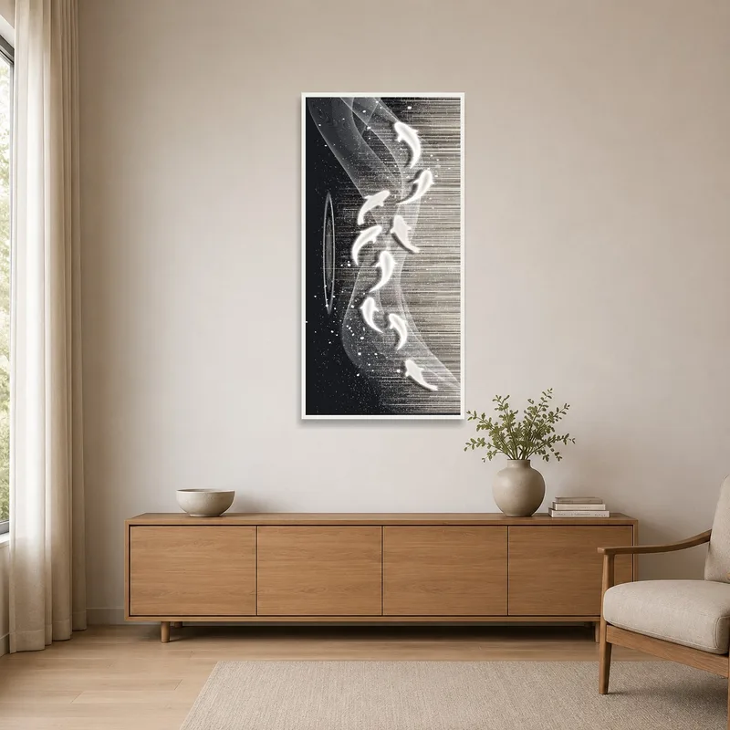 Ethereal artwork complimenting a clean, minimalist room with sleek furniture.