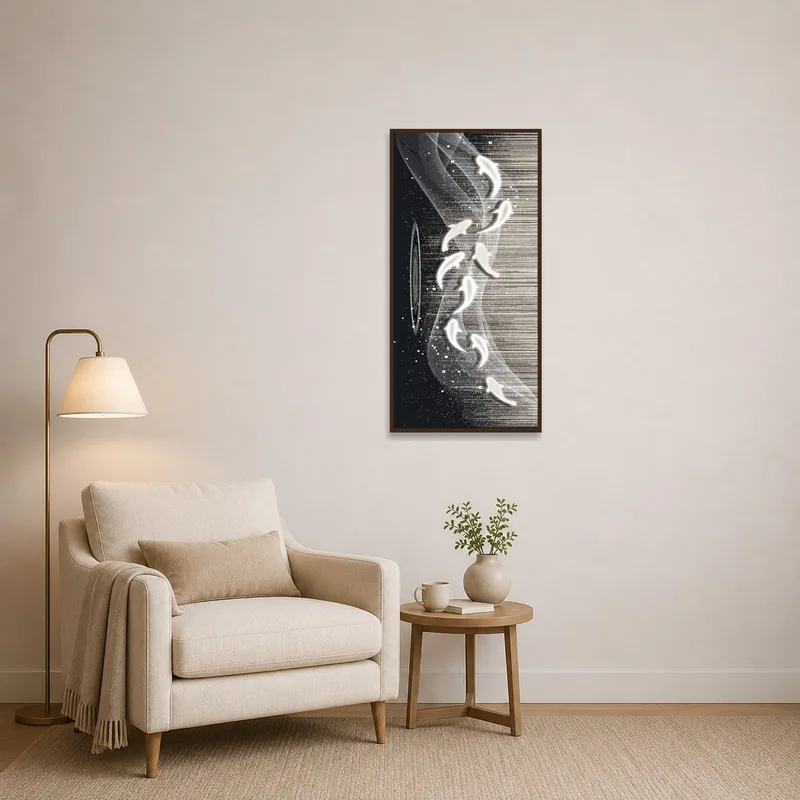 Ethereal flight art adding interest to a cozy reading nook with a plush chair.