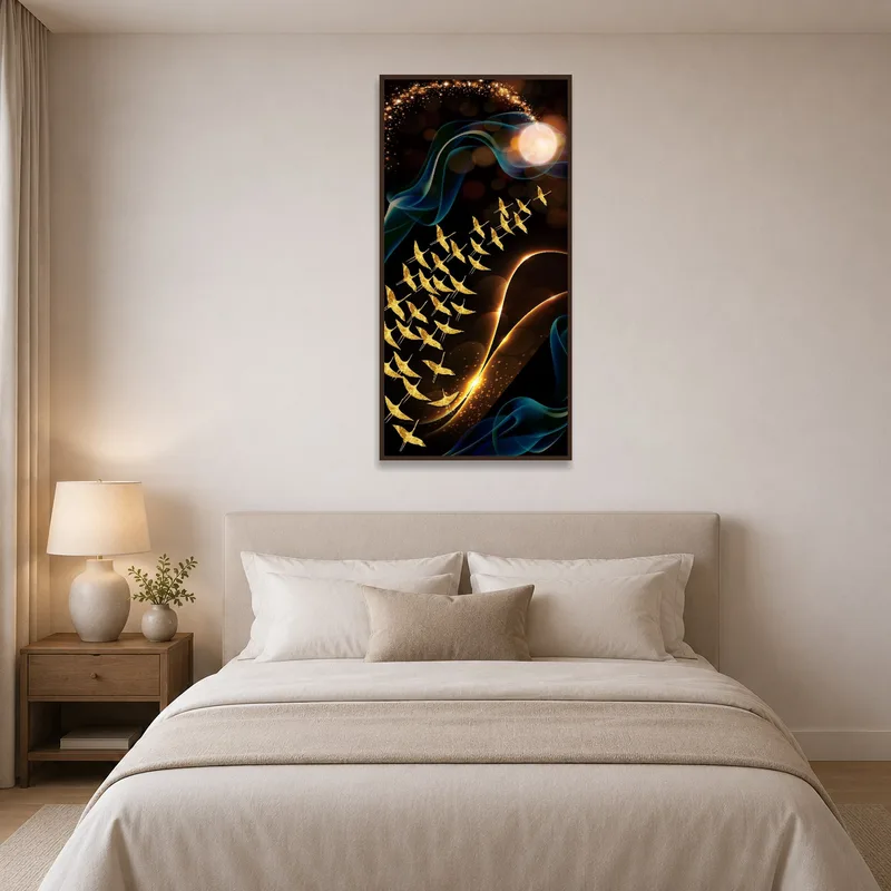 Bedroom wall adorned with 'Ethereal Flight', illustrating golden birds and swirling cosmic patterns.