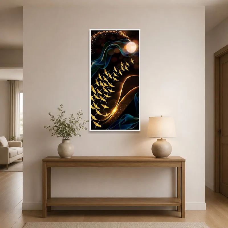 Entrance hall warmly greeted by 'Ethereal Flight', depicting golden birds amidst cosmic swirls.