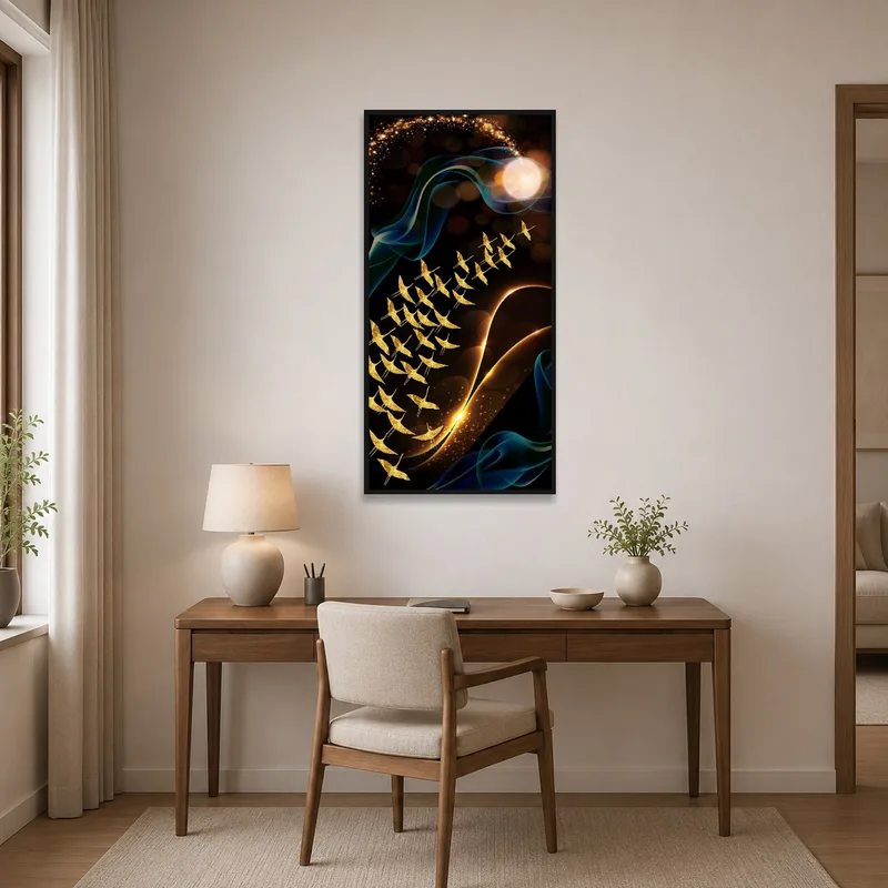 Home office energized by 'Ethereal Flight', showcasing cosmic swirls and golden birds.