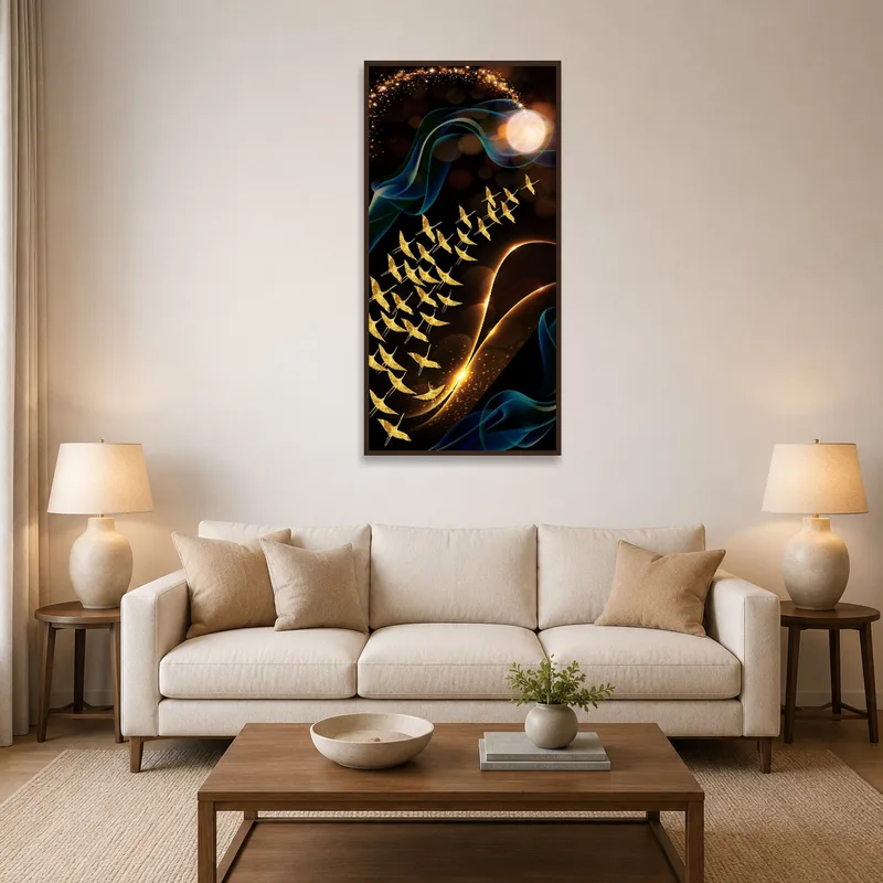 A living room with 'Ethereal Flight' showing golden birds and cosmic swirls above a modern sofa.