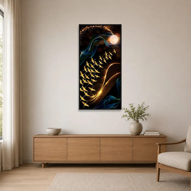 Minimalist space enhanced by 'Ethereal Flight', featuring golden birds and cosmic swirls on a plain wall.
