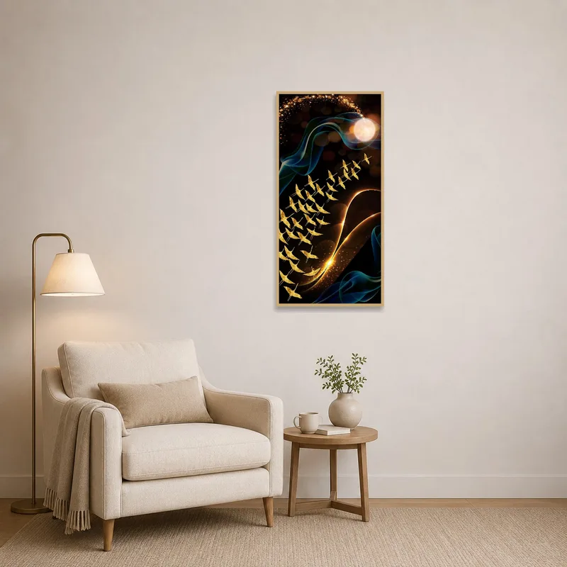 In a reading corner, 'Ethereal Flight' adds allure with its golden birds and cosmic swirl elements.