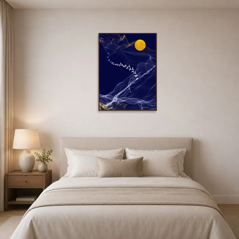 Golden moonlit flight scene set above a bed with soft lighting.
