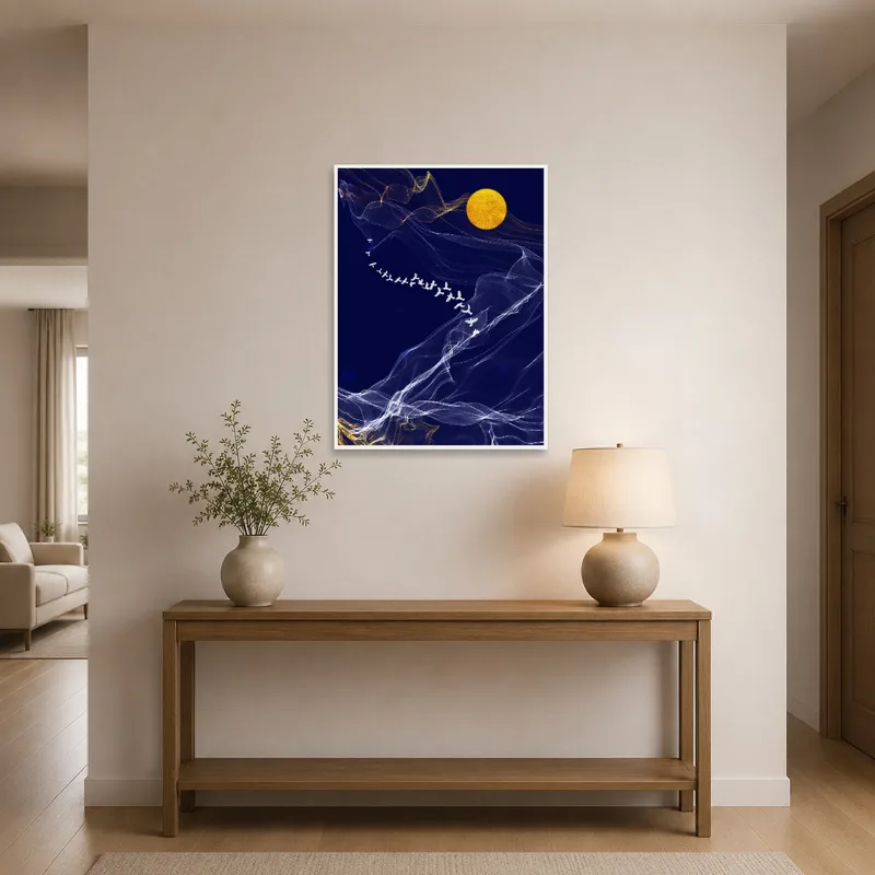 Golden moon with bird art greets visitors in a stylish entrance hall.