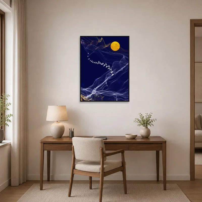Office wall adorned with a bird in flight under a moonlit sky.