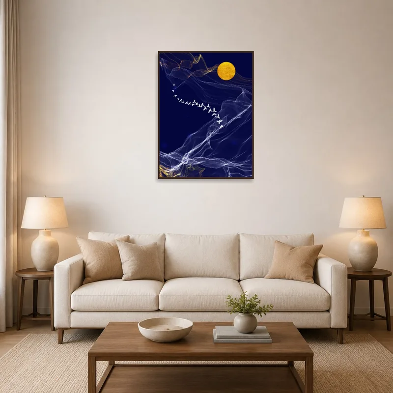 Art print of a bird soaring under the golden moon, hanging above a modern sofa.