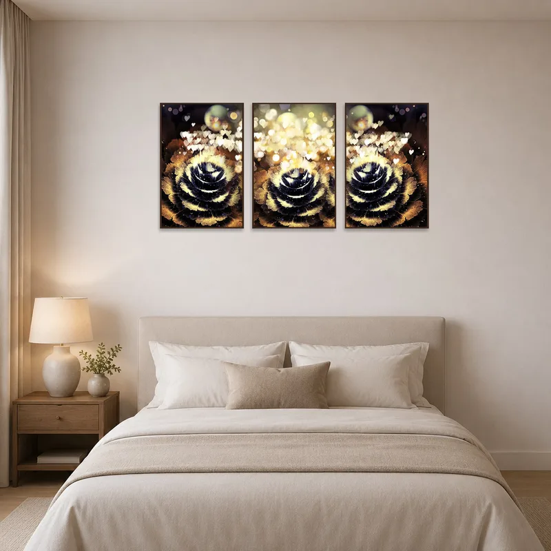 Bedroom ambiance brightened by a subtle floral glow from the triptych set.