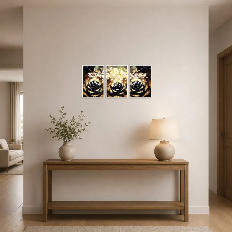 Entrance hall adorned with a soft, glowing floral art set for a welcoming feel.