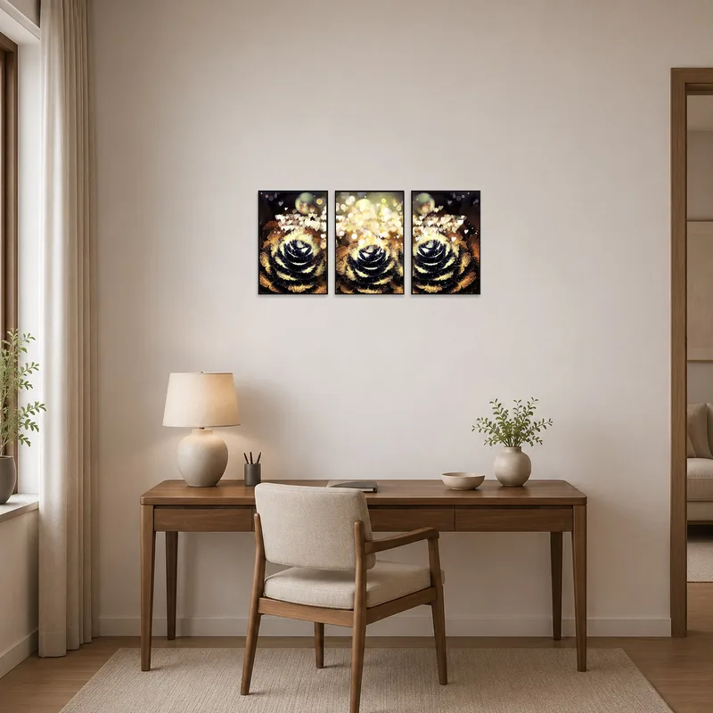 Home office uplifted by a glow of floral triptych bringing serenity to the space.