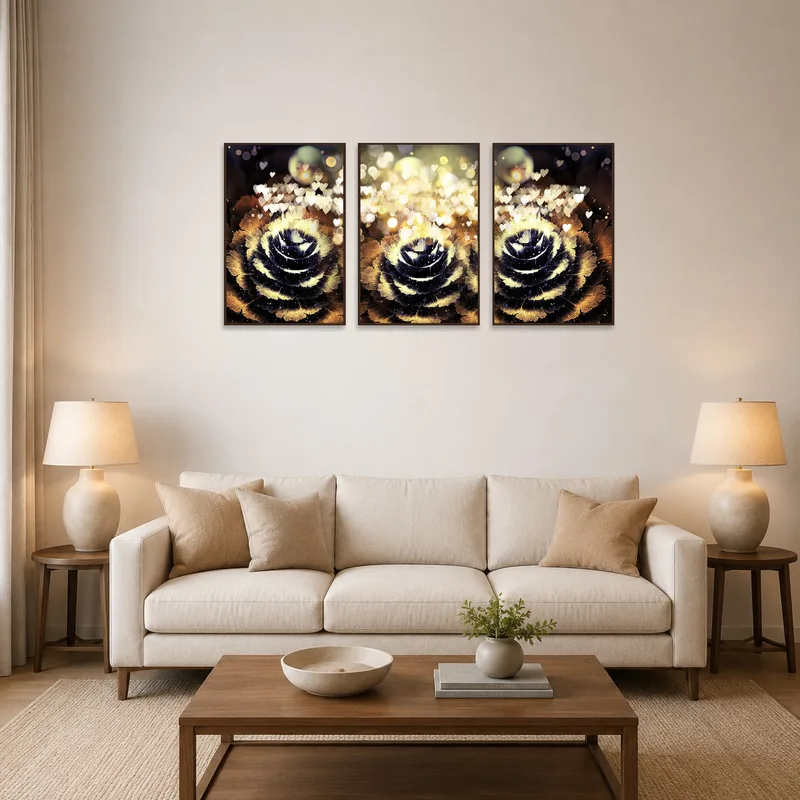 A glowing floral triptych set adds elegance to the living room wall.