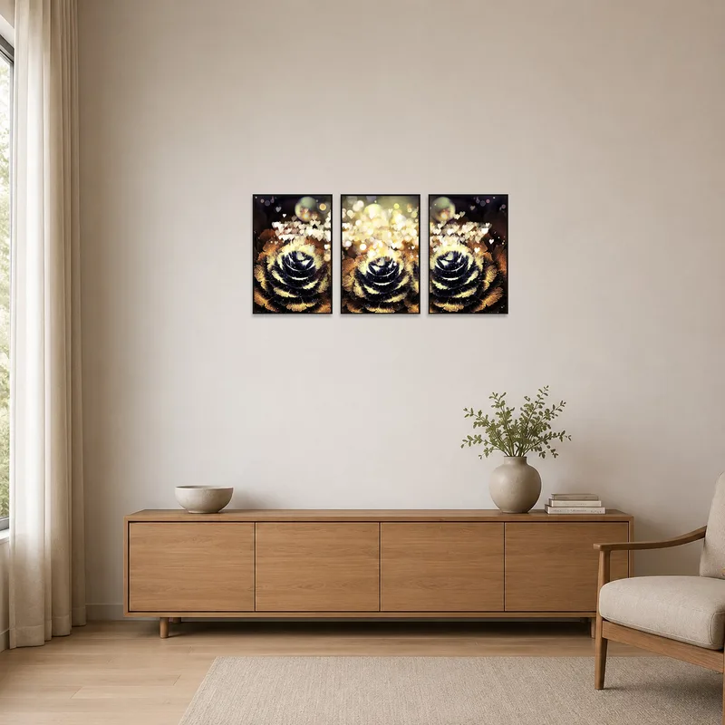 Minimalist room with a vibrant floral triptych creating a bold focal point.