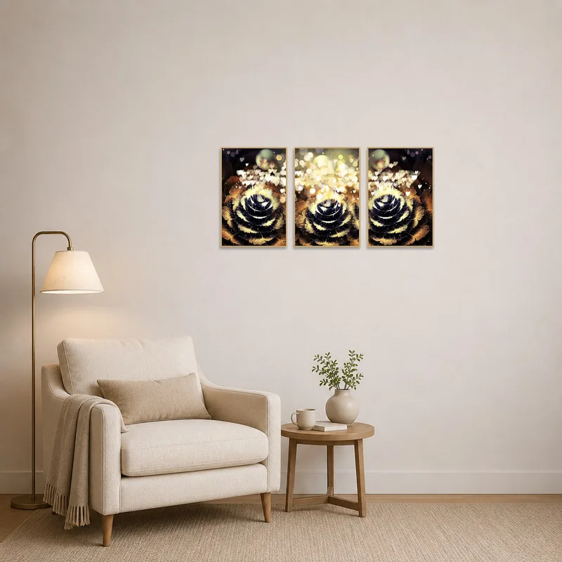 A calm reading corner enhanced by the ethereal glow of floral art pieces.