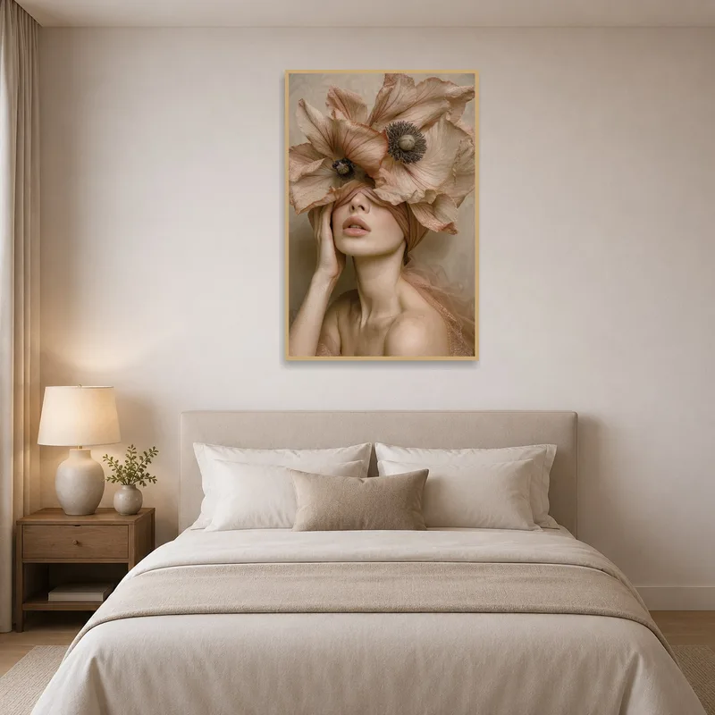 Bedroom wall adorned with ethereal floral headpiece portrait.