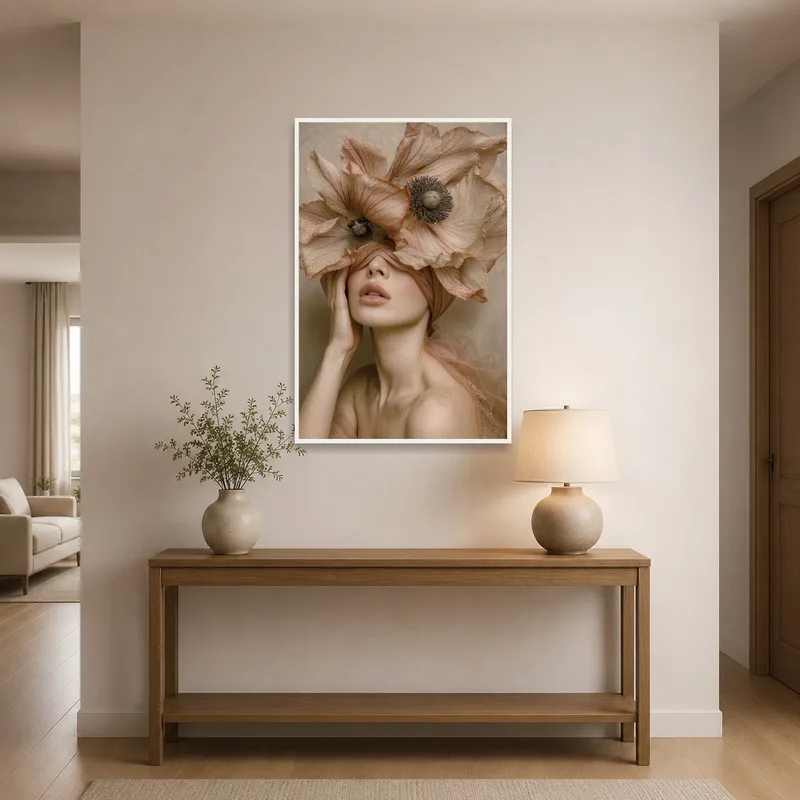 Elegant portrait with floral headpiece greets in the entrance hall.