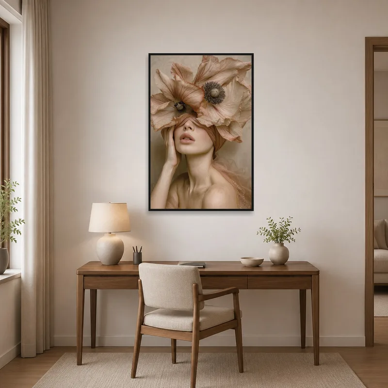 Home office features a floral headpiece portrait for inspiration.