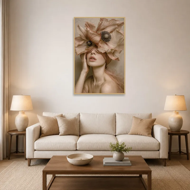 Ethereal flower-adorned portrait enhances the living room ambiance.