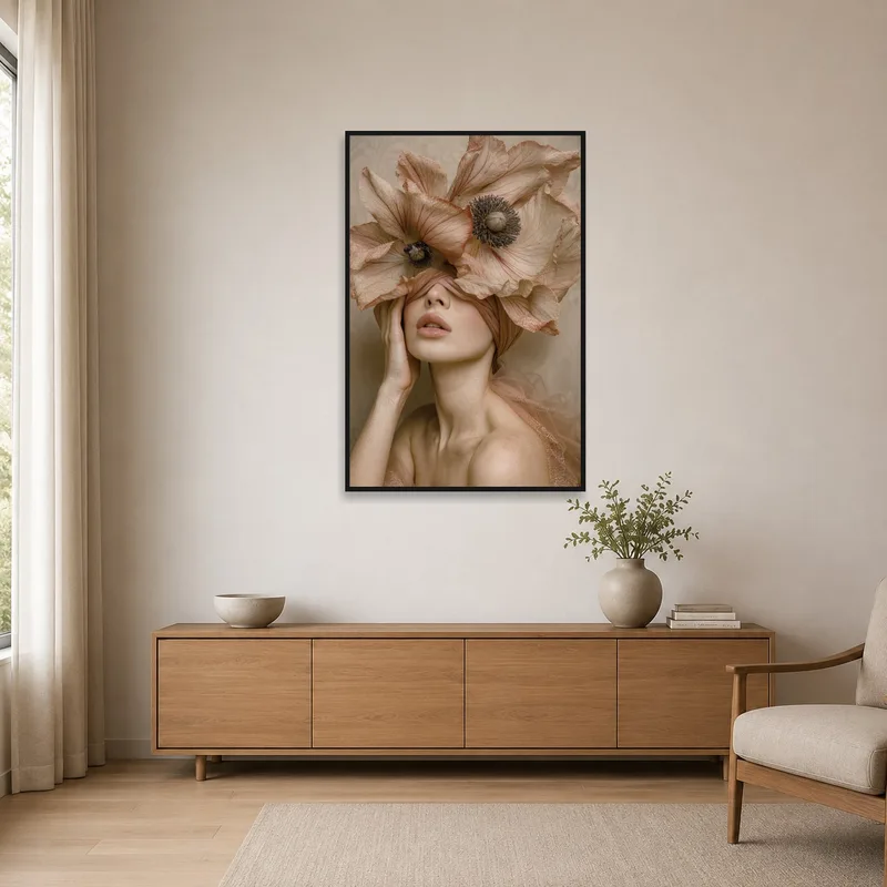 Minimalist room highlights the ethereal floral headpiece portrait.