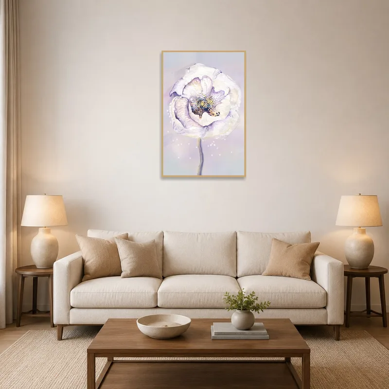 Pastel watercolor floral art brightens a modern living room wall.