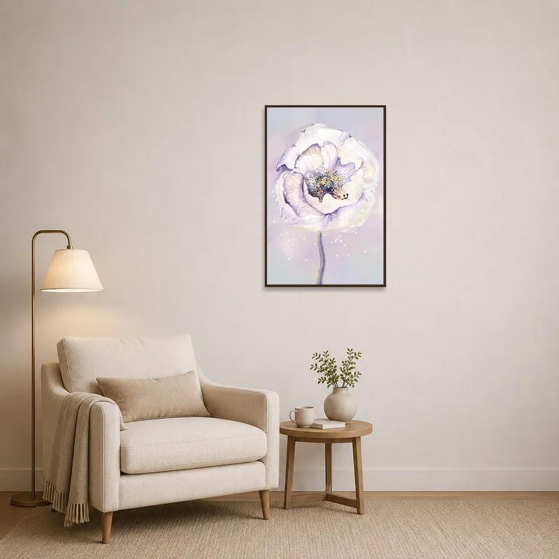 A pastel floral piece adds calm to a cozy reading corner.