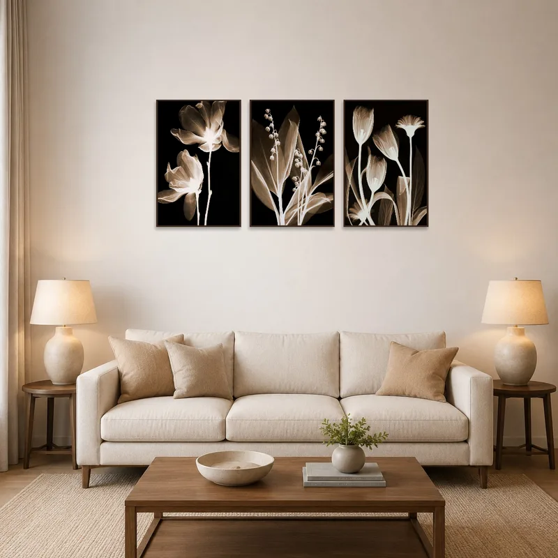 Set of floral X-ray prints above a modern living room sofa.