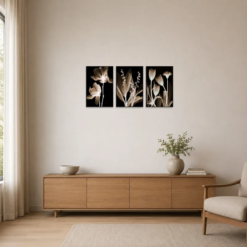 Botanical prints create a serene focal point in a minimalist space.