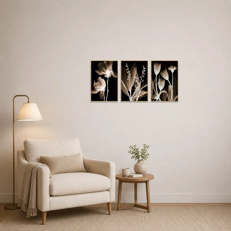 Ethereal floral art brings calm to a cozy reading corner.