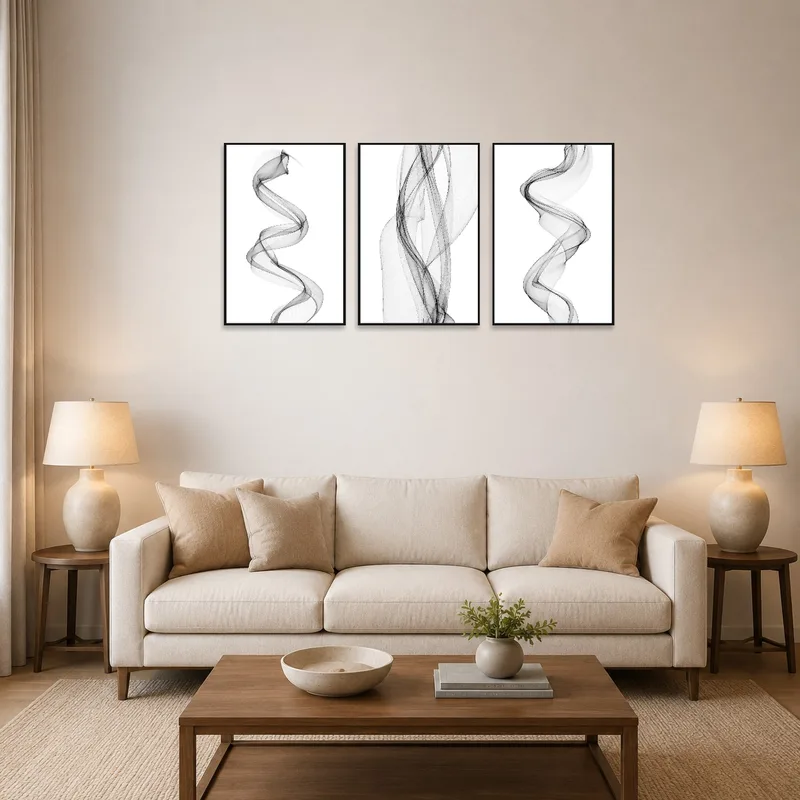 Elegant triptych with abstract shapes, adding sophistication to the modern living room.