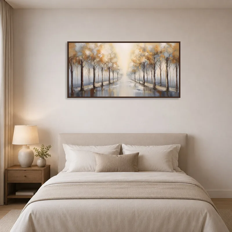 Calming artwork complementing serene bedroom decor.